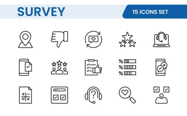 Anket geribildirimi, referans, müşteri ince çizgi simgeleri. Web sitesi pazarlama, logo, uygulama, şablon, ui, vs. için.