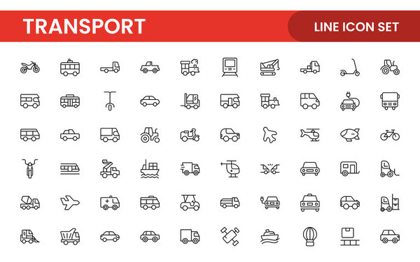 Набор значков транспорта. Сдерживает распространение, доставку, транспортировку, доставку, грузы, транспортировку, планирование маршрутов, цепочки поставок, экспорт и влияние. Твердая коллекция иконок.