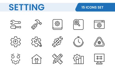 Ayarlar, simge seti. Seçenekler, yapılandırma, tercihler, ayarlamalar, işletim, dişli, kontrol paneli, eşitleyici, yönetim, optimizasyon ve üretkenlik simgeleri içerir.