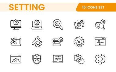 Ayarlar, simge seti. Seçenekler, yapılandırma, tercihler, ayarlamalar, işletim, dişli, kontrol paneli, eşitleyici, yönetim, optimizasyon ve üretkenlik simgeleri içerir.
