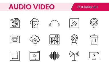 Ses Video Simgeleri Paketi. İnce çizgi simgeleri ayarlandı. Düz simge koleksiyonu seti. Basit özet simgeleri.