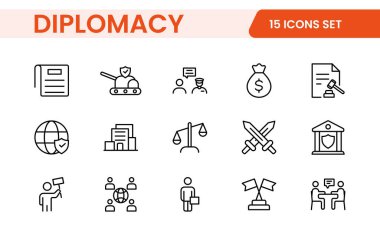 Diplomacy Line  Icons set. Vector illustration in modern thin line style of political dialogue related icons: summit, diplomatic, politics, debate, and more. clipart