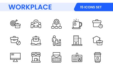 İşyeri web simgeleri satır biçiminde. İstihdam, konferans, proje, belge, iş, iş, destek, bizimle irtibat, üretkenlik stratejisi, koleksiyon.