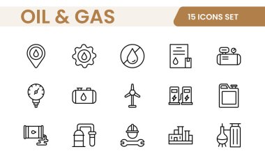 Petrol Sanayi Hattı Simgeleri. Benzin istasyonu, petrol fabrikaları, ulaşım ve daha fazlası gibi Iconlar içermektedir. satır simgesi seti.