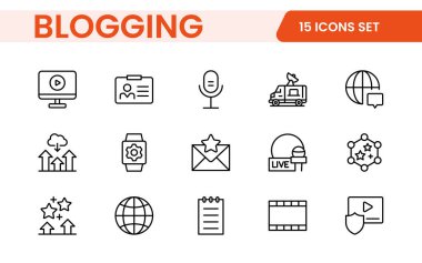 Simgeli blog afişi. Posta, sosyal medya, topluluk, içerik, web sitesi, paylaşım, yaratım, görüş. İş konsepti. Taslak simge biçiminde web vektörü bilgisi.