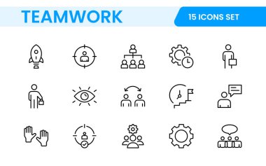 Takım çalışması doğrusal simge koleksiyonu. Birlikte çalışan uzay simgeleri seti. İş takım çalışması, takım oluşturma, çalışma grubu ve insan kaynakları minimal ince çizgi web simgesi seti.