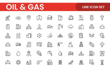 Petrol Sanayi Hattı Simgeleri. Benzin istasyonu, petrol fabrikaları, ulaşım ve daha fazlası gibi Iconlar içermektedir. satır simgesi seti.