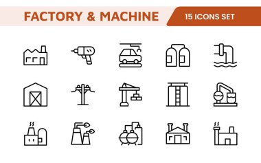 Factory and Machine Icons Collection: A Versatile Set for Industrial Design, Production Workflows, Machinery, Factory Management, and Engineering Solutions. clipart