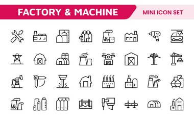 Factory and Machine Icons Collection: A Versatile Set for Industrial Design, Production Workflows, Machinery, Factory Management, and Engineering Solutions. clipart