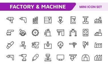 Factory and Machine Icons Collection: A Versatile Set for Industrial Design, Production Workflows, Machinery, Factory Management, and Engineering Solutions. clipart