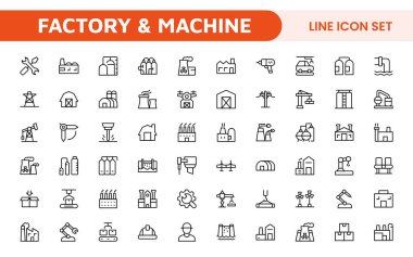 Fabrika ve Makine Simgeleri Koleksiyonu: Endüstriyel Tasarım, Üretim Çalışanları, Makineler, Fabrika Yönetimi ve Mühendislik Çözümleri İçin Çok Yönlü Seti.