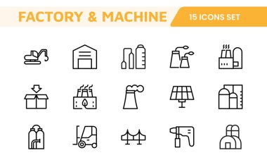 Fabrika ve Makine Simgeleri Koleksiyonu. Endüstriyel Tasarım, Üretim İşlemleri, Makineler, Fabrika Yönetimi ve Mühendislik Çözümleri için Çok Yönlü Seti.