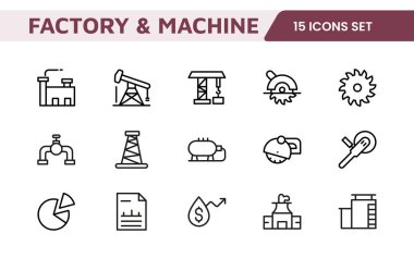 Fabrika ve Makine Simgeleri Koleksiyonu. Endüstriyel Tasarım, Üretim İşlemleri, Makineler, Fabrika Yönetimi ve Mühendislik Çözümleri için Çok Yönlü Seti.