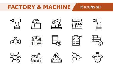 Factory and Machine Icons Collection. A Versatile Set for Industrial Design, Production Workflows, Machinery, Factory Management, and Engineering Solutions. clipart