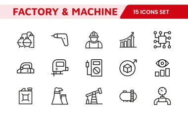 Factory and Machine Icons Collection. A Versatile Set for Industrial Design, Production Workflows, Machinery, Factory Management, and Engineering Solutions. clipart