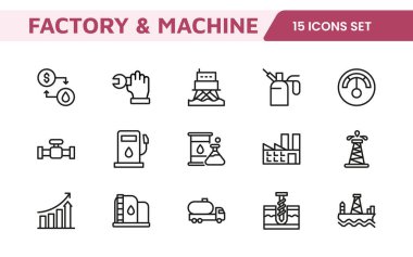 Fabrika ve Makine Simgeleri Koleksiyonu. Endüstriyel Tasarım, Üretim İşlemleri, Makineler, Fabrika Yönetimi ve Mühendislik Çözümleri için Çok Yönlü Seti.