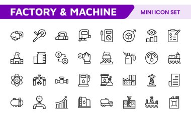 Factory and Machine Icons Collection. A Versatile Set for Industrial Design, Production Workflows, Machinery, Factory Management, and Engineering Solutions. clipart