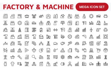 Factory and Machine Icons Collection. A Versatile Set for Industrial Design, Production Workflows, Machinery, Factory Management, and Engineering Solutions. clipart