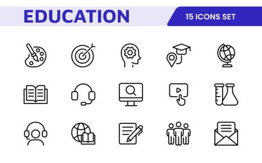 Eğitim çizgisi simgeleri koleksiyonu. Büyük UI simgesi düz dizayn edildi. İnce taslak simgeler paketi. İnce çizgi simgeleri, akademik konular ve eğitim. Taslak sembol koleksiyonu.