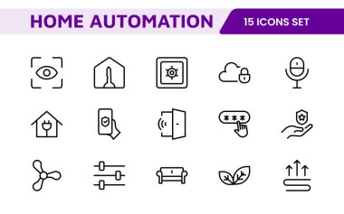 Ev Otomasyonu Simgesi Ayarlandı. Işıkları, güvenliği ve cihazları kontrol etmek için akıllı ve sezgisel simgeler, akıllı ev uygulamaları, IoT arayüzleri ve teknolojik markalaşma için mükemmel.