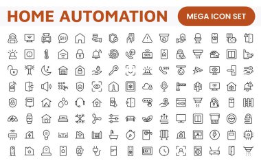 Ev Otomasyonu Simgesi Ayarlandı. Işıkları, güvenliği ve cihazları kontrol etmek için akıllı ve sezgisel simgeler, akıllı ev uygulamaları, IoT arayüzleri ve teknolojik markalaşma için mükemmel.