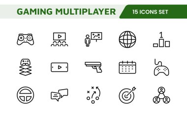 Oyun Simgesi Seti. Oyun tasarımı, akış ve e-spor markalaşması için canlı ve dinamik simgeler, büyüleyici arayüzler yaratmak ve oyun projelerinizi geliştirmek için mükemmel.