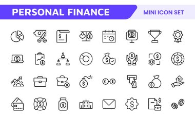 Kişisel Finans Simgesi Seti. Bütçeleme için parlak ve sezgisel simgeler; tasarruf; ve yatırım; finansal uygulamalar için mükemmel; araçlar; ve kullanıcıların paralarını etkili bir şekilde yönetmelerini teşvik eden web siteleri.