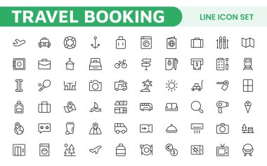 Seyahat Rezervasyon Simgesi Ayarlandı. Seyahat uygulamalarını, web sitelerini ve hizmetleri geliştirmek için şık ve kullanıcı dostu simgeler, uçuş aramaları, otel rezervasyonları ve macera planlama için mükemmel.