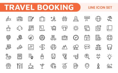 Seyahat Rezervasyon Simgesi Ayarlandı. Seyahat uygulamalarını, web sitelerini ve hizmetleri geliştirmek için şık ve kullanıcı dostu simgeler, uçuş aramaları, otel rezervasyonları ve macera planlama için mükemmel.