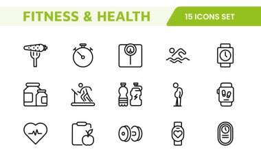 Sağlık İzleme Simgesi Seti. Form, sağlık ve tıbbi uygulamalar için temiz ve modern simgeler, egzersiz, beslenme, hayati değerler ve genel olarak kullanıcı dostu bir şekilde refah için mükemmel..