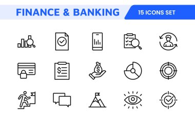 Finans Yönetimi Simgesi Ayarlandı. Bütçe, gider takibi ve yatırım yönetimi için profesyonel ve gösterişli simgeler, kullanıcıların mali hedeflerine ulaşmalarını teşvik eden uygulamalar, araçlar ve platformlar için ideal.