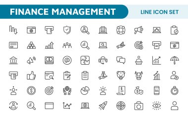 Finans Yönetimi Simgesi Ayarlandı. Bütçe, gider takibi ve yatırım yönetimi için profesyonel ve gösterişli simgeler, kullanıcıların mali hedeflerine ulaşmalarını teşvik eden uygulamalar, araçlar ve platformlar için ideal.