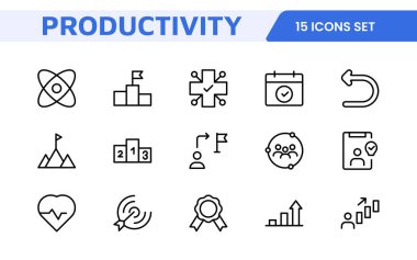 Üretkenlik Simgesi Ayarlandı. Verimliliği ve organizasyonu geliştirmek için tasarlanmış modern ve ilham verici simgeler, üretkenlik uygulamaları, görev yönetimi araçları ve iş akışı çözümleri için mükemmel.