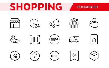 Alışveriş Simgesi Seti. E-ticaret platformlarını geliştirmek için canlı ve çekici simgeler, ürün listeleri, araba yönetimi ve çevrimiçi alışveriş deneyimini yükseltmek için çıkış süreçleri için mükemmel.