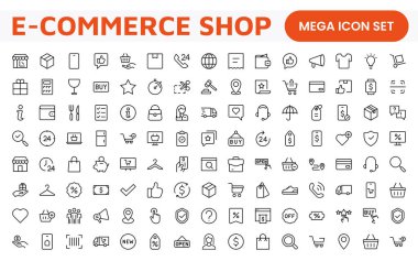 Alışveriş Simgesi Seti. E-ticaret platformlarını geliştirmek için canlı ve çekici simgeler, ürün listeleri, araba yönetimi ve çevrimiçi alışveriş deneyimini yükseltmek için çıkış süreçleri için mükemmel.