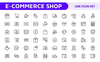 Alışveriş Simgesi Seti. E-ticaret platformlarını geliştirmek için canlı ve çekici simgeler, ürün listeleri, araba yönetimi ve çevrimiçi alışveriş deneyimini yükseltmek için çıkış süreçleri için mükemmel.