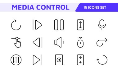 Ortam Kontrol Simgesi Ayarlandı. Gösterişli ve sezgisel ses ve video çalma simgeleri medya uygulamaları, yayın hizmetleri ve eğlence platformlarındaki kullanıcı arayüzlerini geliştirmek için mükemmeldir.