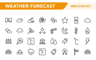 Hava Tahmini Simgesi Ayarlandı. Doğru hava raporlama için parlak ve dinamik simgeler, uygulamaları, web sitelerini ve dijital platformlar Vektör simgelerini geliştirmek için mükemmel.