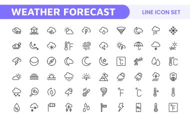 Hava Tahmini Simgesi Ayarlandı. Doğru hava raporlama için parlak ve dinamik simgeler, uygulamaları, web sitelerini ve dijital platformlar Vektör simgelerini geliştirmek için mükemmel.
