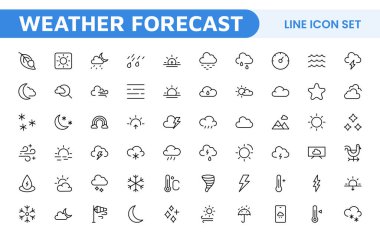 Hava Tahmini Simgesi Ayarlandı. Doğru hava raporlama için parlak ve dinamik simgeler, uygulamaları, web sitelerini ve dijital platformlar Vektör simgelerini geliştirmek için mükemmel.