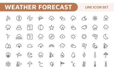 Hava Tahmini Simgesi Ayarlandı. Doğru hava raporlama için parlak ve dinamik simgeler, uygulamaları, web sitelerini ve dijital platformlar Vektör simgelerini geliştirmek için mükemmel.
