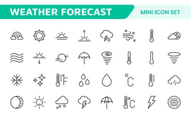 Hava Tahmini Simgesi Ayarlandı. Doğru hava raporlama için parlak ve dinamik simgeler, uygulamaları, web sitelerini ve dijital platformlar Vektör simgelerini geliştirmek için mükemmel.