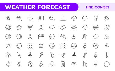 Hava Tahmini Simgesi Ayarlandı. Doğru hava raporlama için parlak ve dinamik simgeler, uygulamaları, web sitelerini ve dijital platformlar Vektör simgelerini geliştirmek için mükemmel.