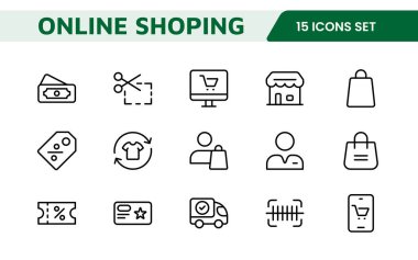 Alışveriş Simgesi Seti. E-ticaret platformlarını geliştirmek için canlı ve çekici simgeler, ürün listeleri, araba yönetimi ve çevrimiçi alışveriş deneyimini yükseltmek için çıkış süreçleri için mükemmel.