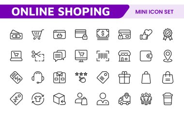 Alışveriş Simgesi Seti. E-ticaret platformlarını geliştirmek için canlı ve çekici simgeler, ürün listeleri, araba yönetimi ve çevrimiçi alışveriş deneyimini yükseltmek için çıkış süreçleri için mükemmel.