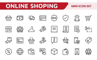 Alışveriş Simgesi Seti. E-ticaret platformlarını geliştirmek için canlı ve çekici simgeler, ürün listeleri, araba yönetimi ve çevrimiçi alışveriş deneyimini yükseltmek için çıkış süreçleri için mükemmel.