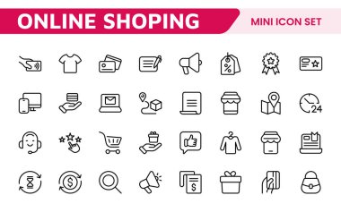 Alışveriş Simgesi Seti. E-ticaret platformlarını geliştirmek için canlı ve çekici simgeler, ürün listeleri, araba yönetimi ve çevrimiçi alışveriş deneyimini yükseltmek için çıkış süreçleri için mükemmel.