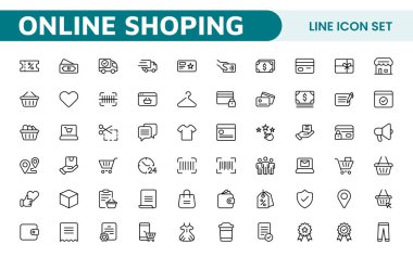 Alışveriş Simgesi Seti. E-ticaret platformlarını geliştirmek için canlı ve çekici simgeler, ürün listeleri, araba yönetimi ve çevrimiçi alışveriş deneyimini yükseltmek için çıkış süreçleri için mükemmel.