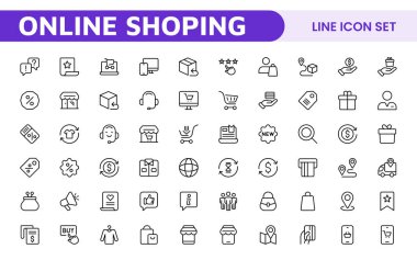 Alışveriş Simgesi Seti. E-ticaret platformlarını geliştirmek için canlı ve çekici simgeler, ürün listeleri, araba yönetimi ve çevrimiçi alışveriş deneyimini yükseltmek için çıkış süreçleri için mükemmel.