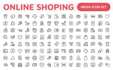 Alışveriş Simgesi Seti. E-ticaret platformlarını geliştirmek için canlı ve çekici simgeler, ürün listeleri, araba yönetimi ve çevrimiçi alışveriş deneyimini yükseltmek için çıkış süreçleri için mükemmel.